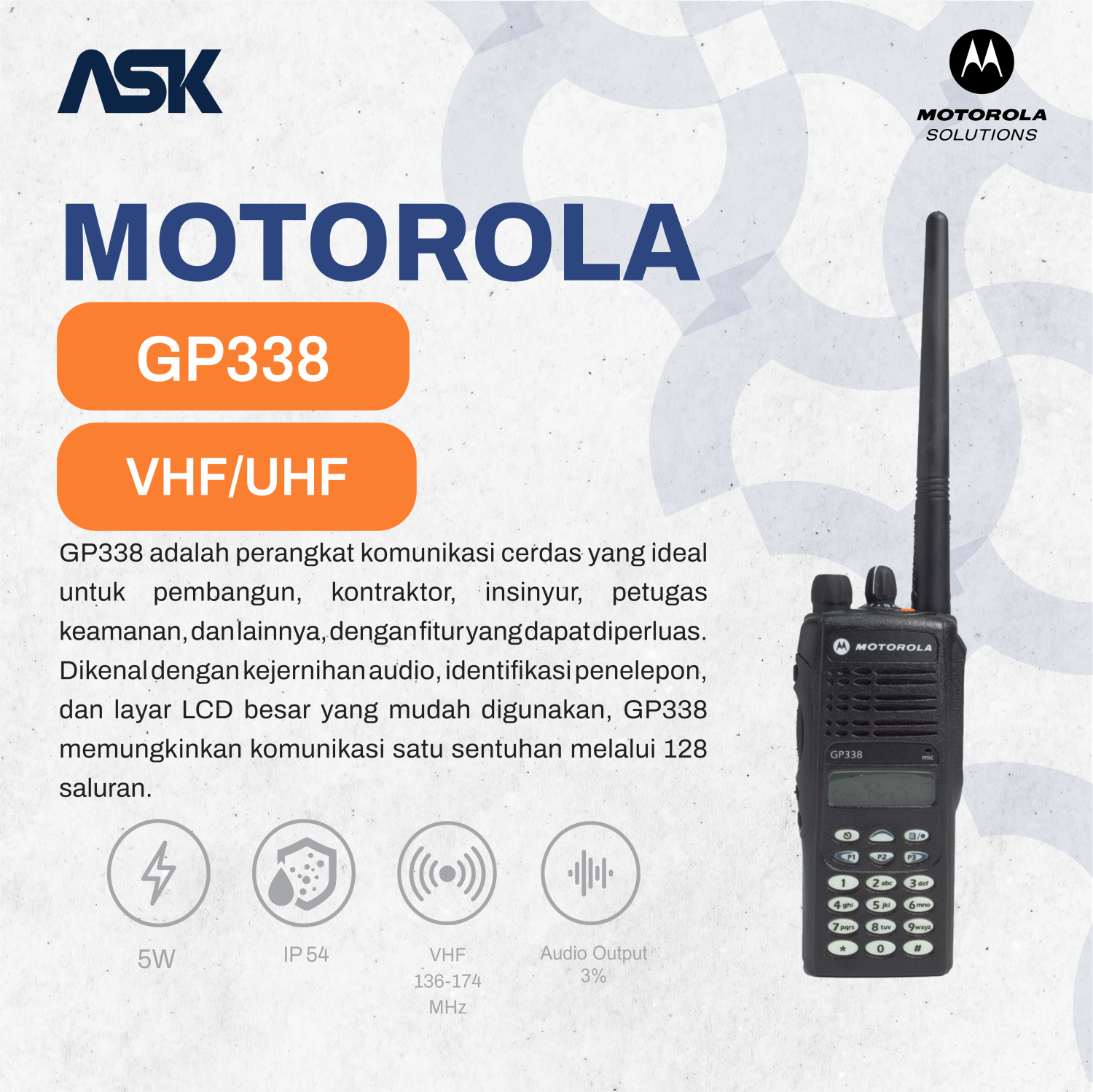 Handy Talky GP338 MOTOROLA / HT GP 338 | VHF 136-174