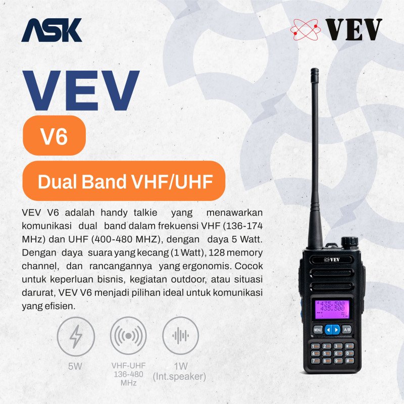 Handy Talky VEV - V6 | Dual  VHF 136-174MHz UHF 400-480Mhz