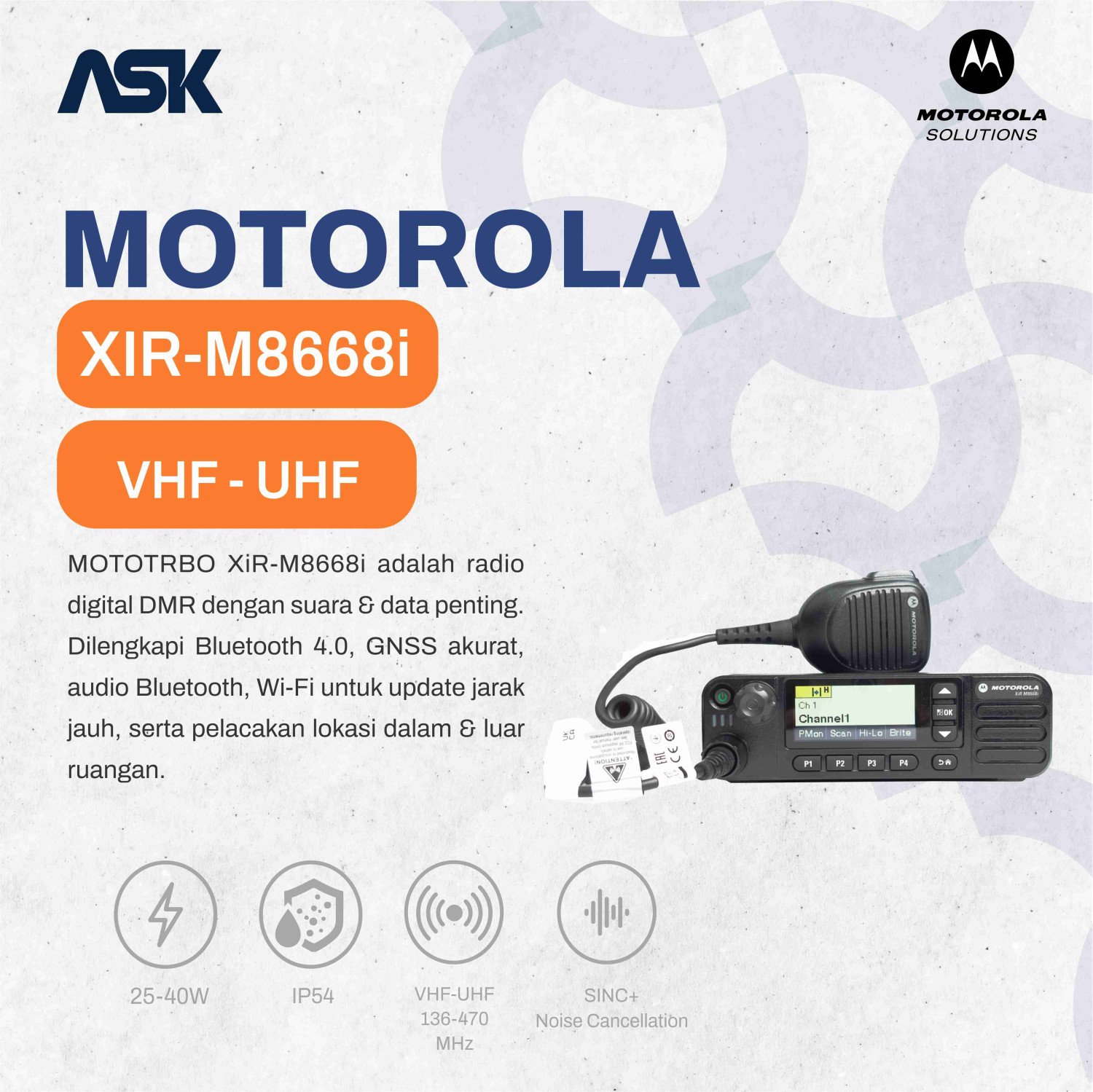Radio Mobile XiR-M8668i MOTOROLA / Radio Mobile XiR M 8668i / XiRM8668i | Uhf 350-390MHz 40W